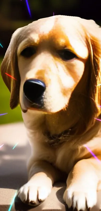 Golden retriever with neon accents laying down.