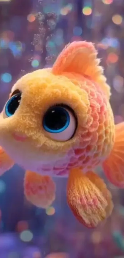 Adorable animated goldfish with big blue eyes in vibrant colors.