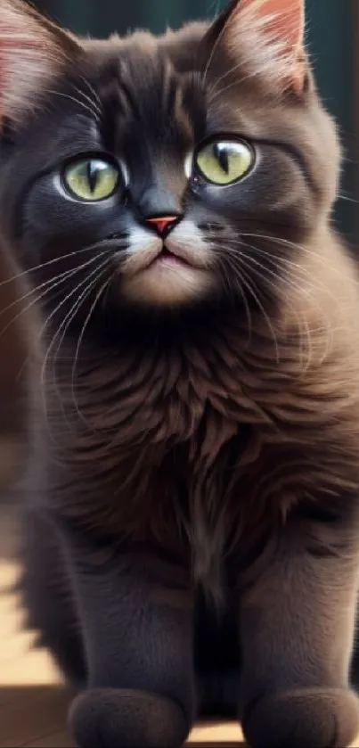 Adorable gray kitten with green eyes on wooden floor.