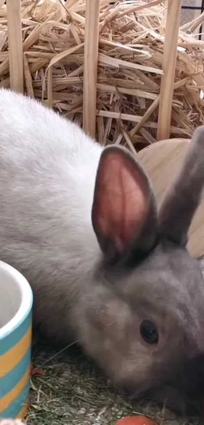 Gray rabbit resting in cozy habitat with straw background.