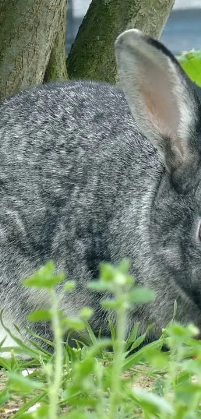 Adorable gray rabbit hidden behind green grass.