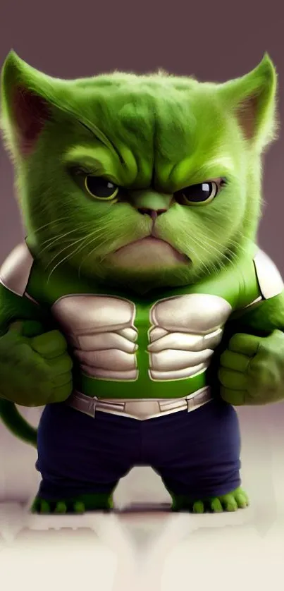 Green cartoon cat in superhero costume mobile wallpaper.