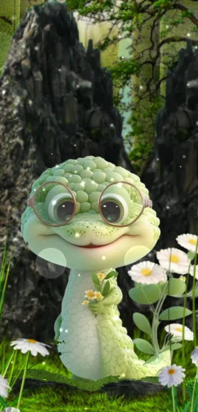 Cute green character with glasses in a forest setting, surrounded by flowers.