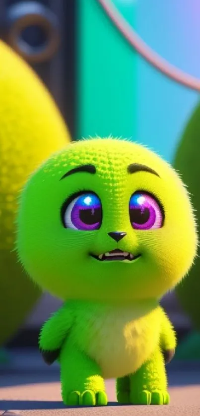 Adorable green creature with big eyes on a vibrant cartoon background.