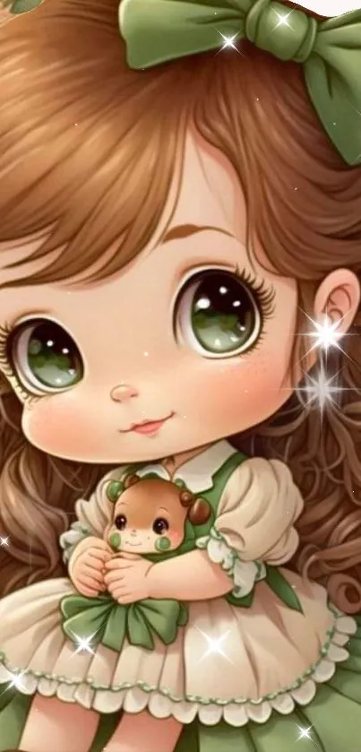 Cute doll with green eyes in a whimsical design.