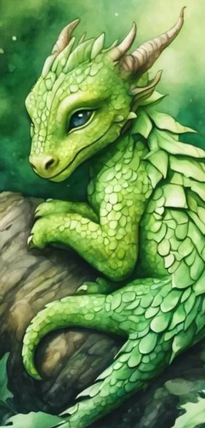 Cute green dragon illustration on a log.
