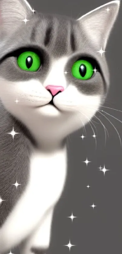 Adorable cartoon cat with green eyes and gray fur in mobile wallpaper.