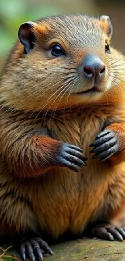 Adorable groundhog sitting alert in nature setting.
