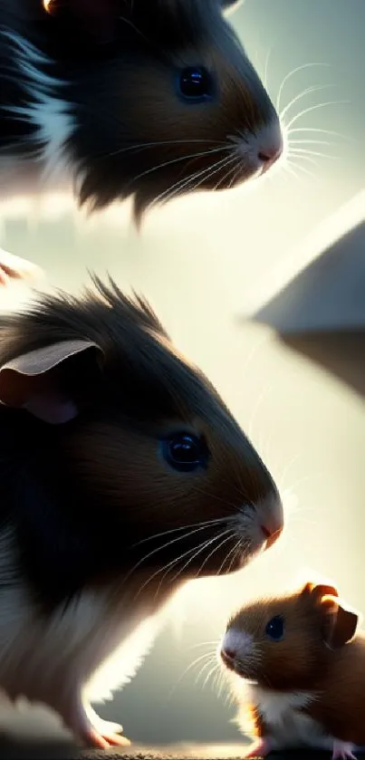 Three guinea pigs with soft lighting, creating a warm family scene.