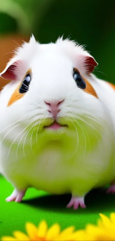 Cute guinea pig on green grass with yellow flowers.