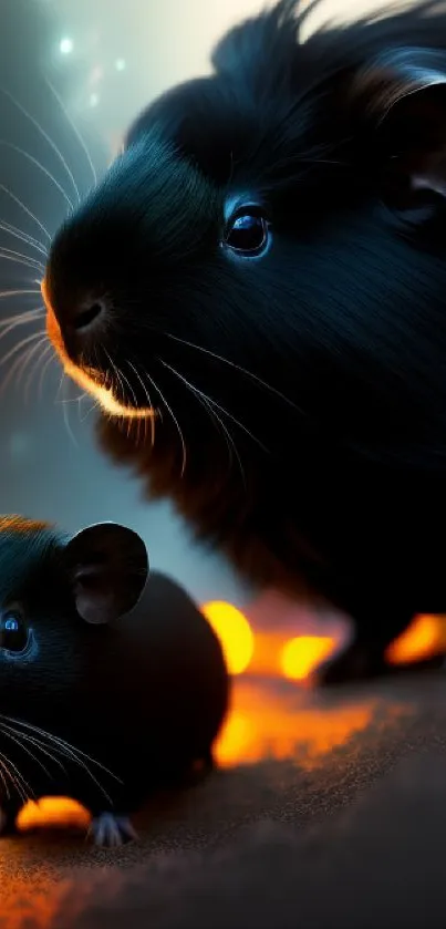 Adorable guinea pigs illuminated at night with glowing background.