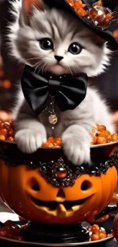 Cute kitten in pumpkin decor with Halloween theme.
