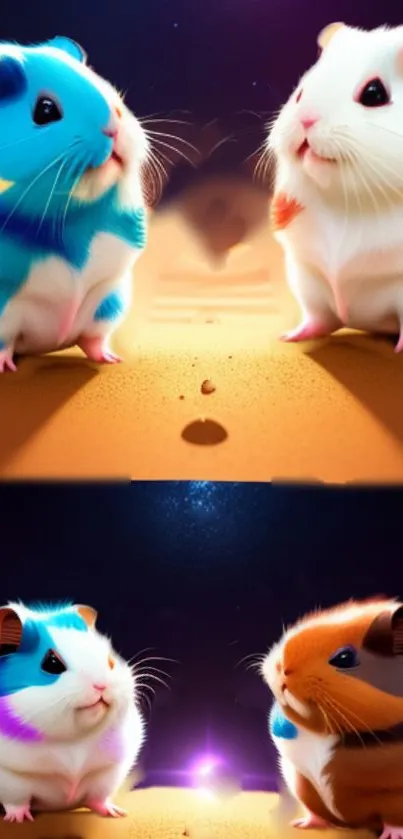 Colorful hamsters against a starry galaxy backdrop.