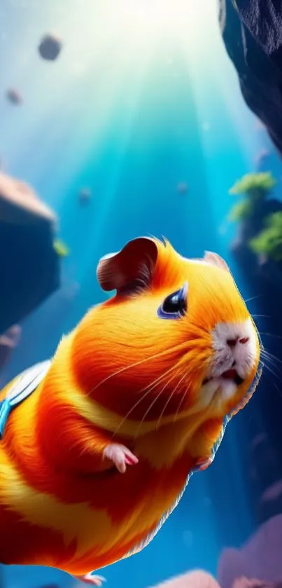 Adorable hamster exploring a vibrant fantasy world with glowing blue and orange hues.