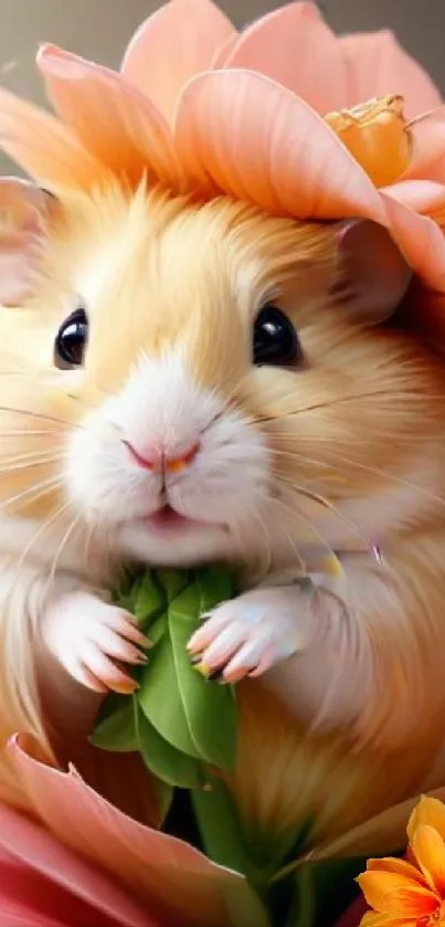 Adorable hamster wearing a pink flower hat.