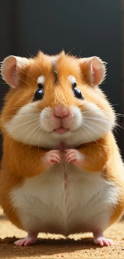 Adorable orange hamster standing on its hind legs, looking curious.