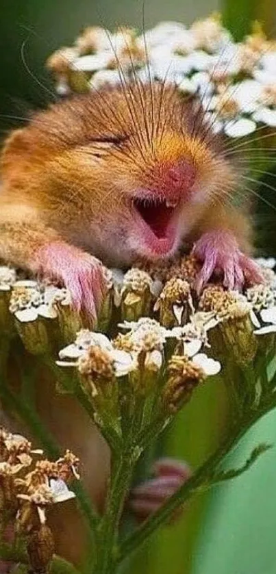 Adorable yawning hamster nestled in flowers, surrounded by green leaves.