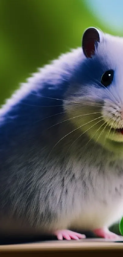 Adorable fluffy hamster with green background and tiny green object.