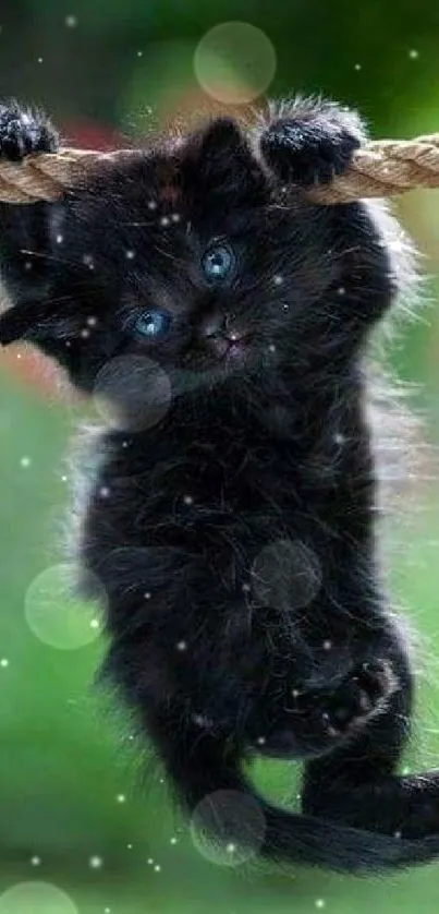 Cute black kitten hanging on a rope with a green blurred background.