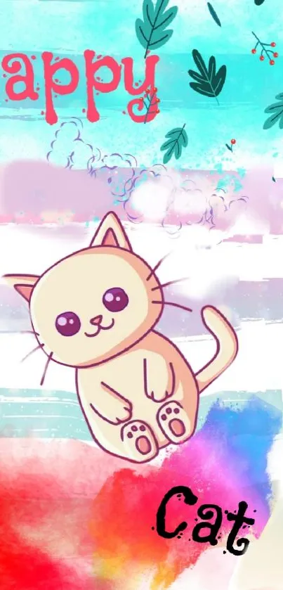 Adorable cartoon cat on a colorful pastel background with 'Happy Cat' text.
