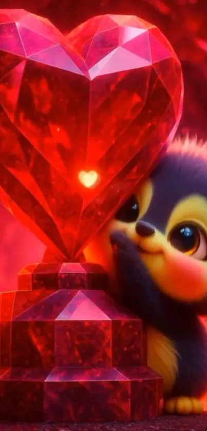 Adorable creature beside a large red heart-shaped gem.
