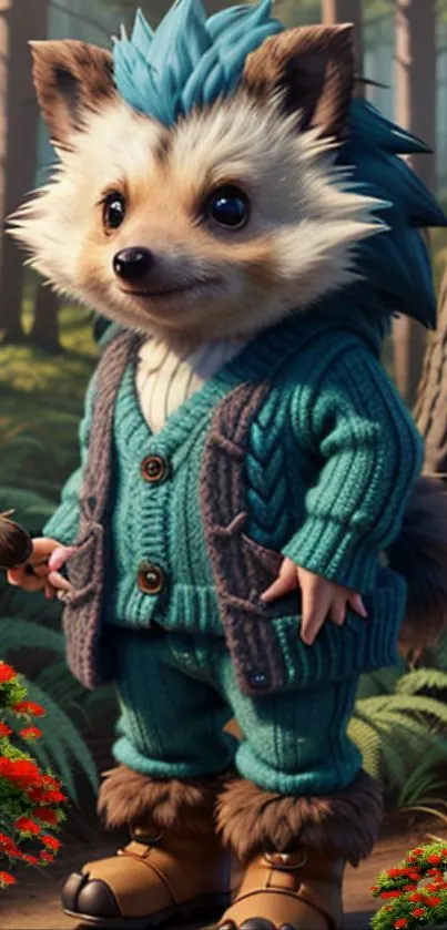 Cute hedgehog in teal outfit standing in forest.