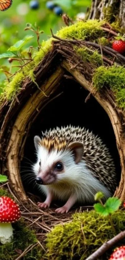 Adorable hedgehog sitting in a forest hollow with mushrooms and moss.
