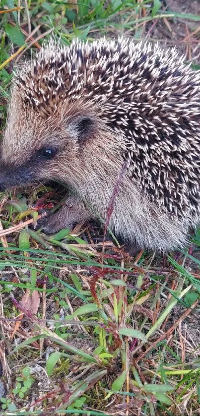 Adorable hedgehog nestled in green grass.