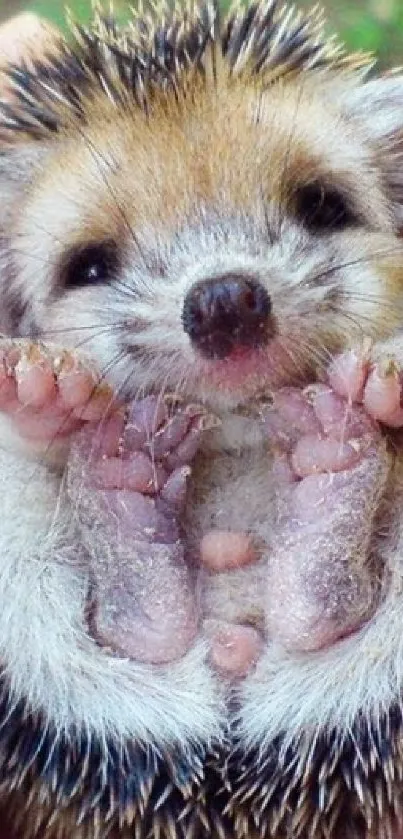 Adorable hedgehog cradled in a hand with a green background.