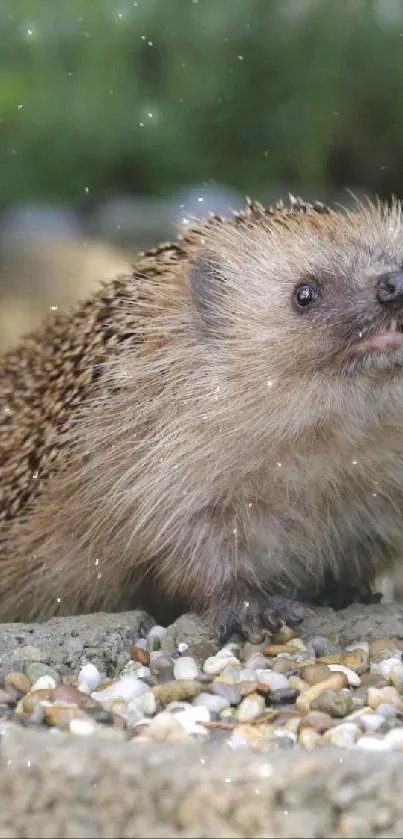 Cute hedgehog on gravel with greenery background.