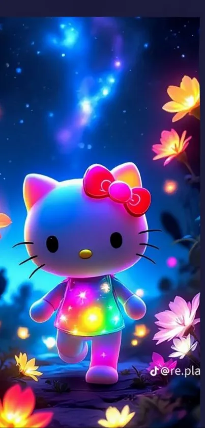 Colorful Hello Kitty under starry night with glowing flowers.