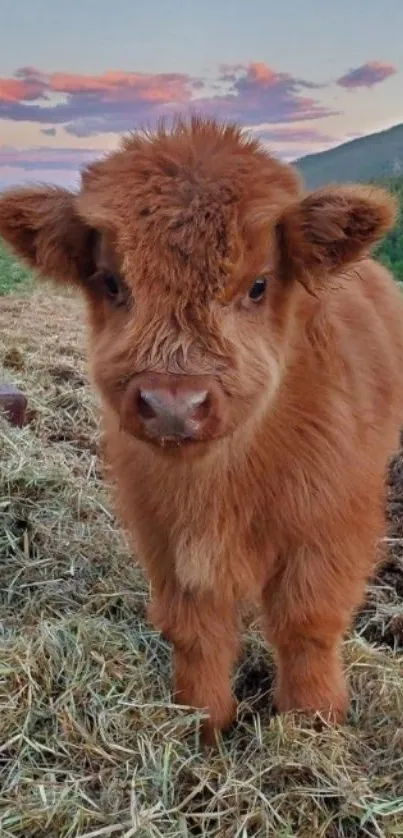 Fluffy Highland calf standing on hay with a scenic sunset backdrop.