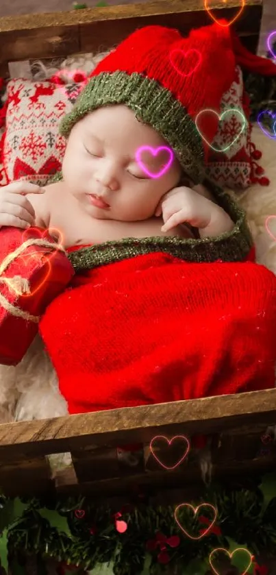 Festive wallpaper with a sleeping baby surrounded by Christmas gifts and ornaments.