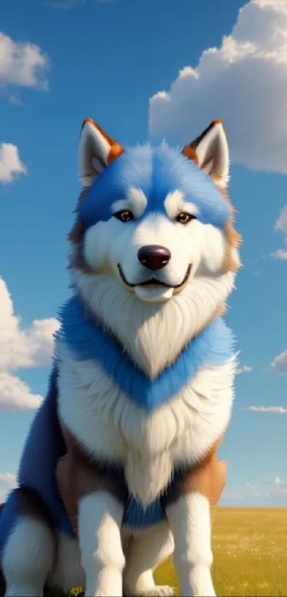 Husky sitting on grass under a blue sky with clouds.