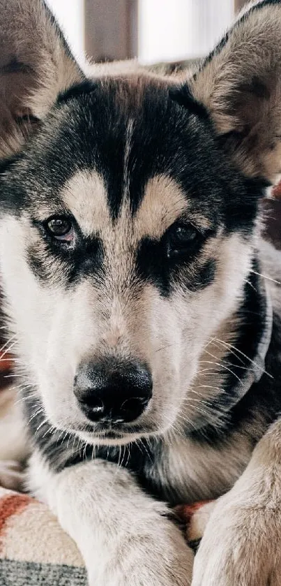 Adorable husky puppy with fluffy fur on a plaid background.