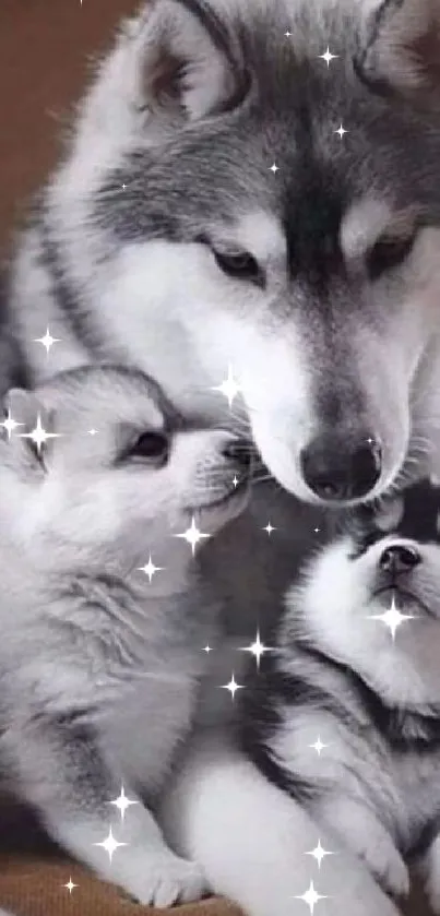 Adorable husky with two puppies, perfect for phone backgrounds.