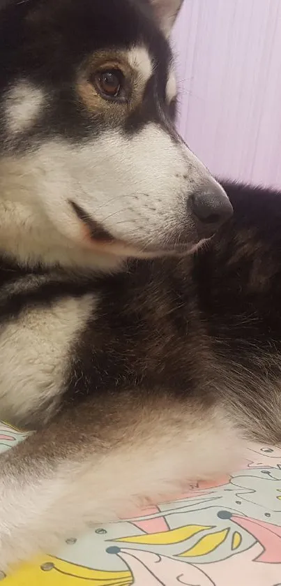 Adorable husky lying on colorful bed