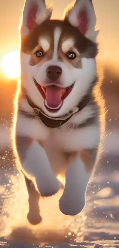 Playful husky puppy running in snow at sunset.