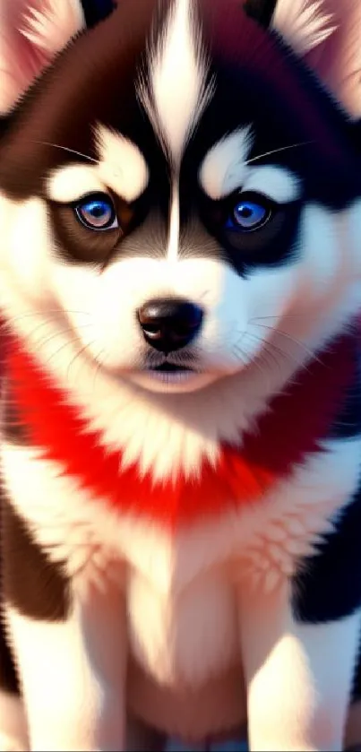 Cute Husky puppy with blue eyes on vibrant red background.