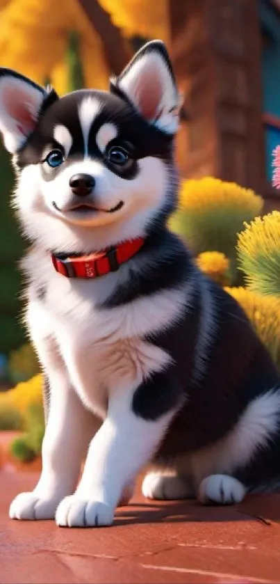 Adorable husky puppy sits in a vibrant, colorful garden, adding charm to your screen.