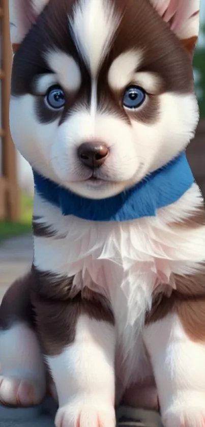 Adorable blue-eyed husky puppy with a blue collar on a sunny day.