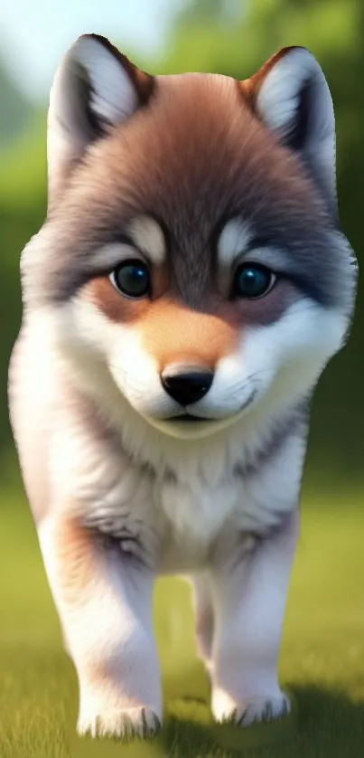 Cute husky puppy on green grass background.
