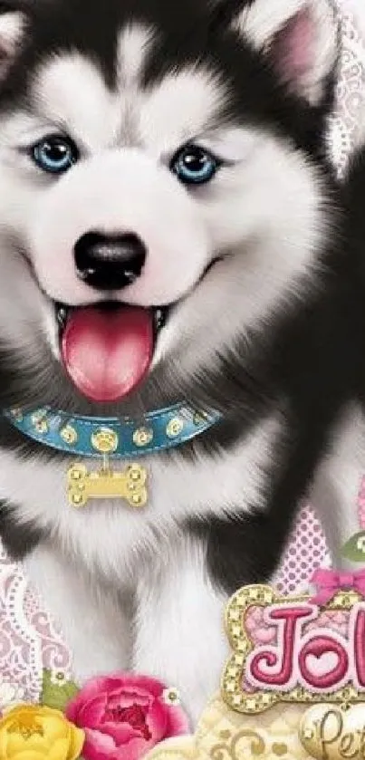 Adorable husky puppy with flowers and lace background, perfect for pet lovers.