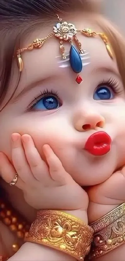 Adorable baby with blue eyes and gold jewelry, looking up cutely.