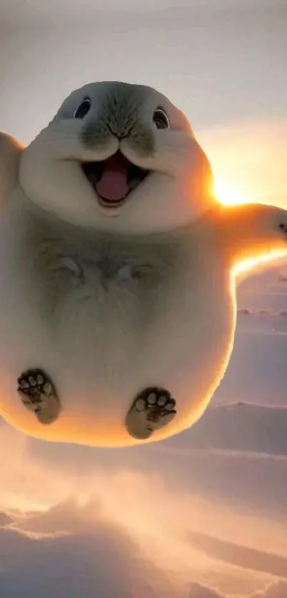 Fluffy creature jumping at sunset with snow and trees in the background.