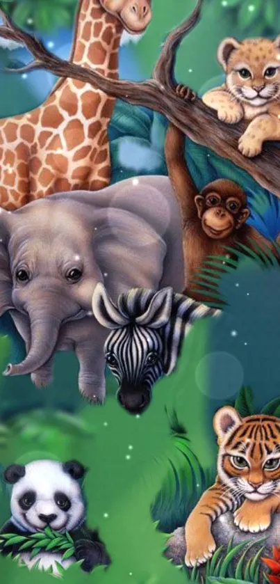 Jungle animal wallpaper with cute animal illustrations.