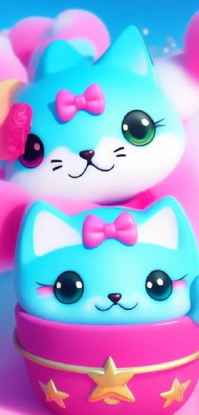 Cute kawaii blue cats with pastel colors and playful expressions.