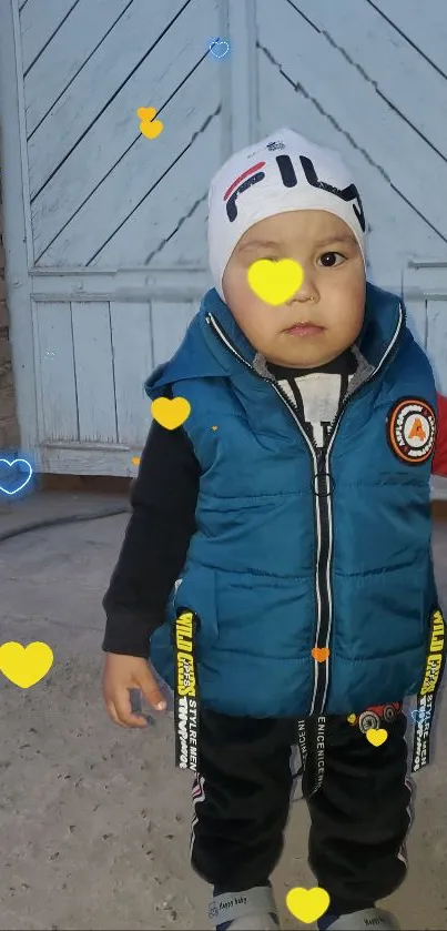 Adorable kid wearing a blue vest with heart overlays.