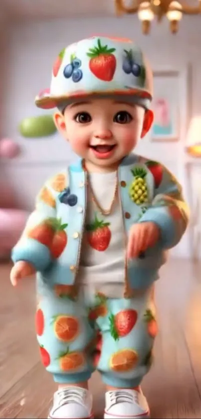 Adorable baby in fruit-themed outfit standing and smiling in a colorful room.