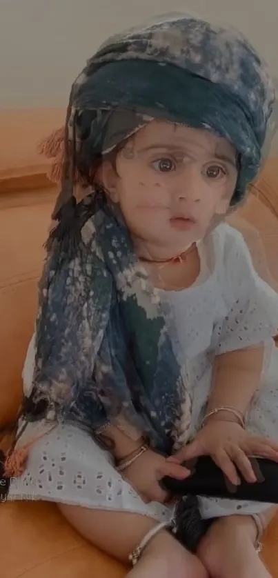 Cute child in traditional headwear with charming smile.